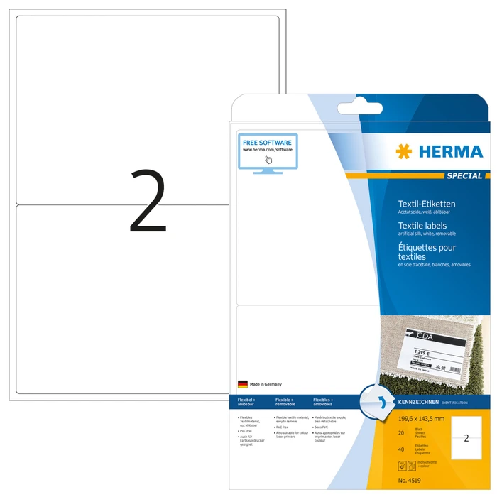 Herma Namensetiketten Acetatseide, 199.6x143.5mm, ablösbar, weiß, 20 Blatt (40 Etiketten)
