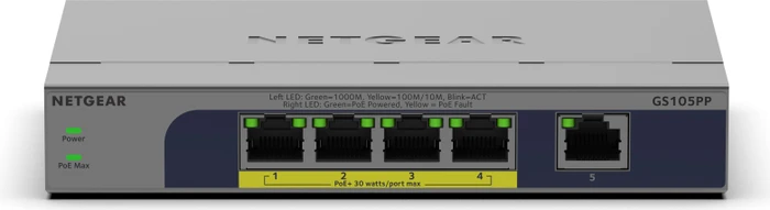 Netgear GS100 Desktop Gigabit Switch, 5x RJ-45, 83W PoE+