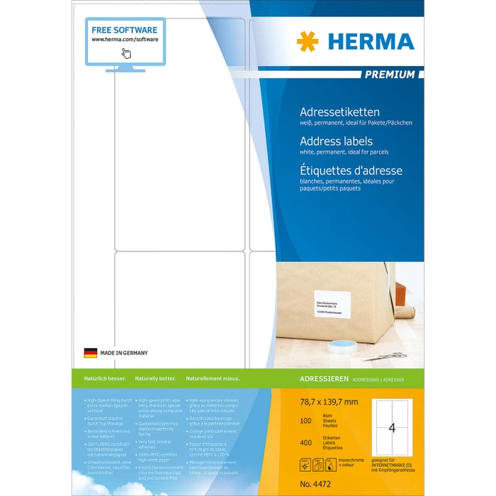 Herma Etiketten Premium, 78.7x139.7mm, weiß, matt, 100 Blatt (400 Etiketten)