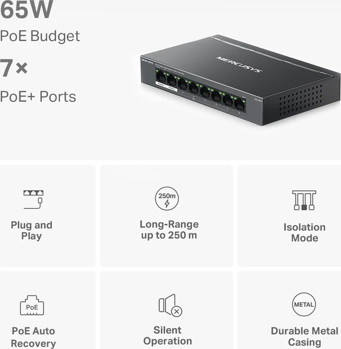 Mercusys Desktop Gigabit Switch, 8x RJ-45, 65W PoE+