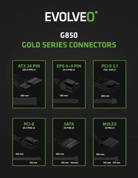 Evolveo Gold Series G850 schwarz 850W, ATX 3.1