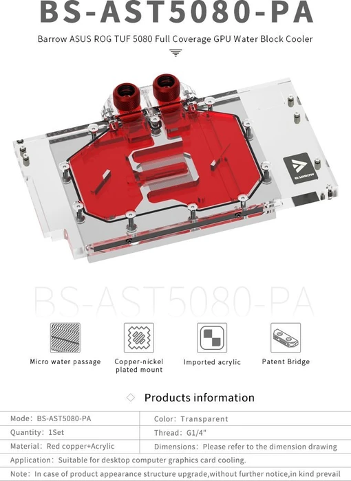 Barrow NVIDIA RTX 5080 Full Coverage GPU Water Block, ASUS ROG TUF 5080 / 5070 Ti, BS-AST5080-PA, schwarz
