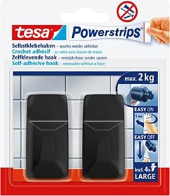 tesa Powerstrips Haken large eckig schwarz, Klebenagel, 20mm/50mm, 2 Stück