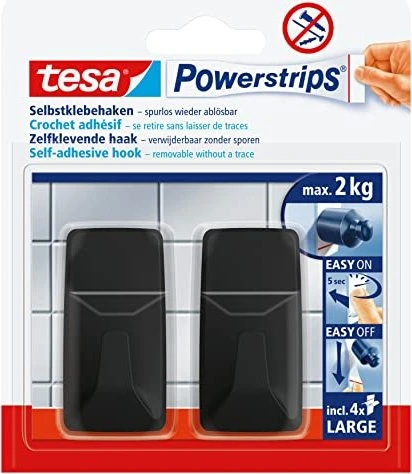 tesa Powerstrips Haken large eckig schwarz, Klebenagel, 20mm/50mm, 2 Stück