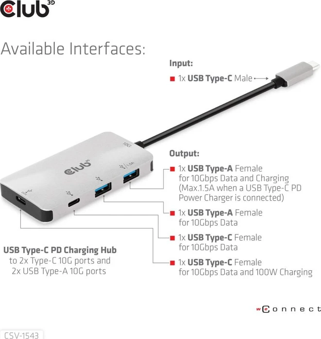 Club 3D PD Charging USB-Hub, 2x USB-C 3.1, 2x USB-A 3.1, USB-C 3.1 [Stecker]