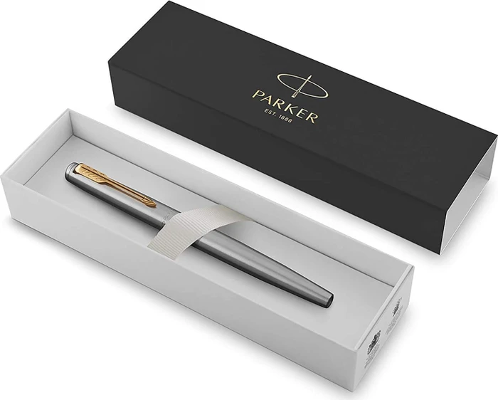 Parker Jotter stainless steel/gold trim, rechte Hand, mittel, Geschenkbox