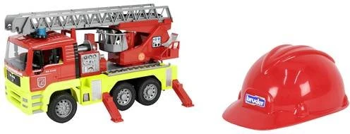 Bruder Man TGA Feuerwehrauto mit Licht und Sound, Drehleiter und Kinder-Helm