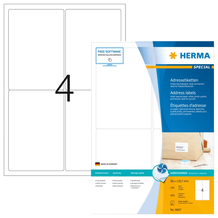 Herma Adressetiketten Inkjet, 96x139.7mm, weiß, matt, 100 Blatt (400 Etiketten)