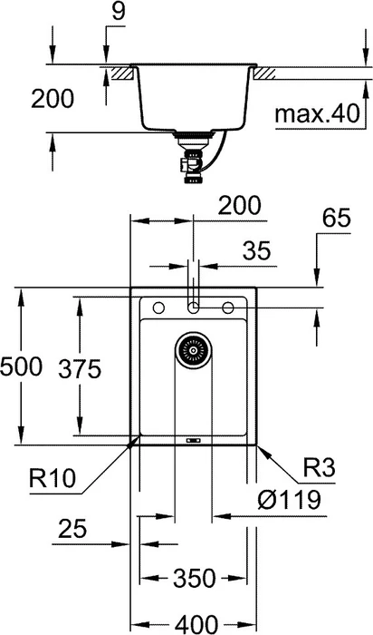 Grohe K700 50-C 40/50 1.0 Einbau Becken mittig granit schwarz