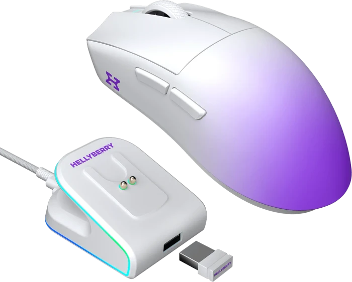 Hellyberry HM47 Pro Wireless Gaming Mouse mit Ladestation, weiß/violett, USB/Bluetooth