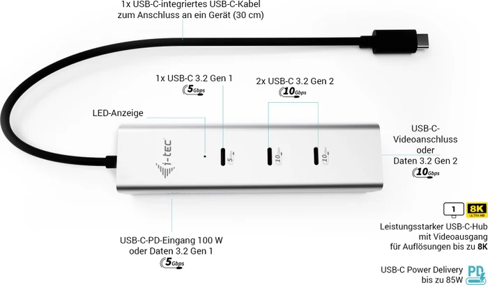 i-tec Charging Metal HUB 5port with USB-C video 8K + Power Delivery 85W, USB-C 3.1 [Stecker]