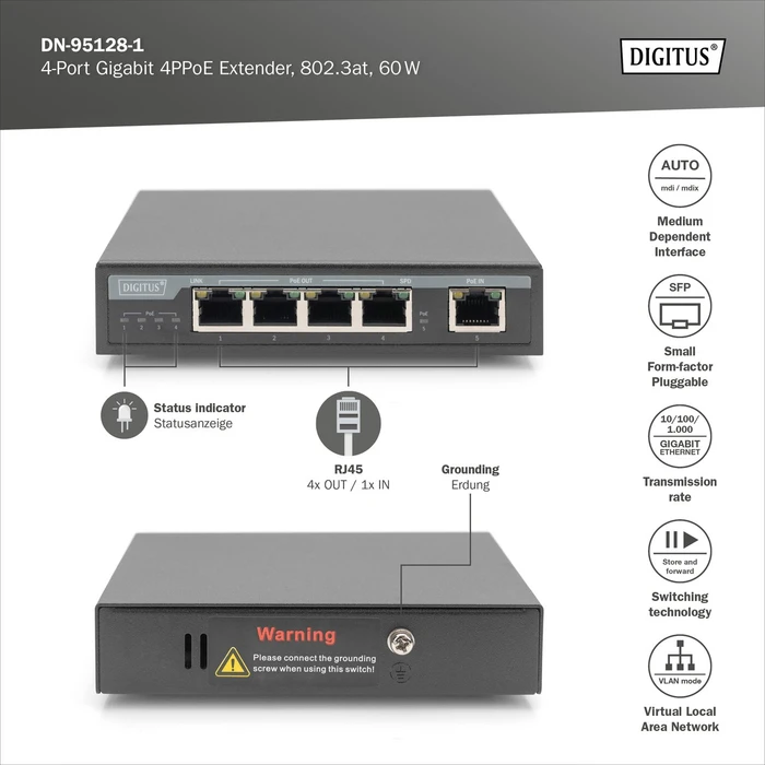 Digitus Desktop Gigabit PoE-Extender, 5x RJ-45, 85W PoE++ PD