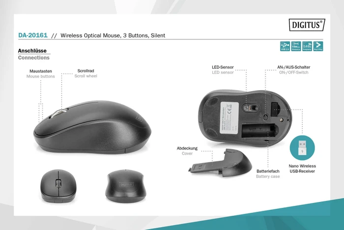 Digitus Silent Wireless Optical Mouse, 3 Tasten, schwarz, USB