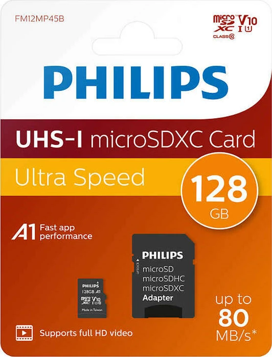 Philips microSDXC R80/W30 128GB Kit, UHS-I U1, A1, Class 10