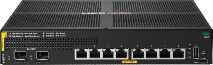 HPE Aruba CX 6000 Series Desktop Gigabit Managed Switch, 8x RJ-45, 2x SFP, 67W PoE+