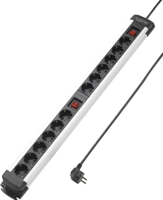 Sygonix Steckdosenleiste mit 2x Schalter, 12-fach, 1.4m, schwarz/silber