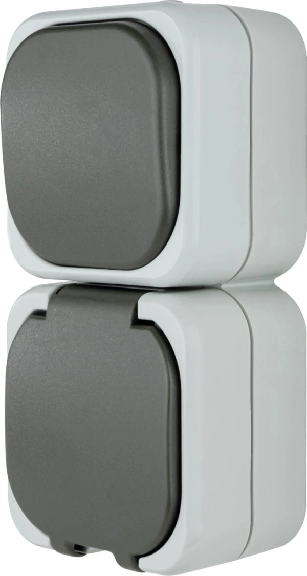 REV Ritter 0510225777 AquaTop – Presa Da Parete Orizzontale Con Doppio Ingresso E Coperchio A Chiusura Automatica, Resistente Agli Spruzzi IP44, Grigio