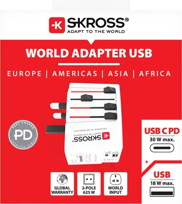 Skross World Travel Adapter MUV USB AC30PD, 1x USB-A, 1x USB-C, weiß
