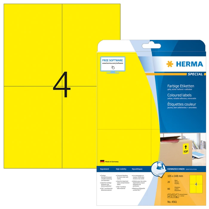 Herma Etiketten, A6, ablösbar, gelb, 20 Blatt (80 Etiketten)
