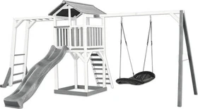 Axi Spielturm Beach Tower mit Klettergerüst, Rutsche und Roxy Nestschaukel weiß/grau
