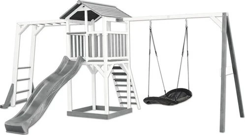 Axi Spielturm Beach Tower mit Klettergerüst, Rutsche und Roxy Nestschaukel weiß/grau