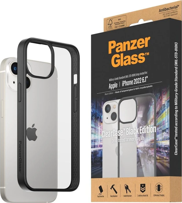 PanzerGlass Clear Case AntiBacterial Black Edition für Apple iPhone 14/13 schwarz/transparent