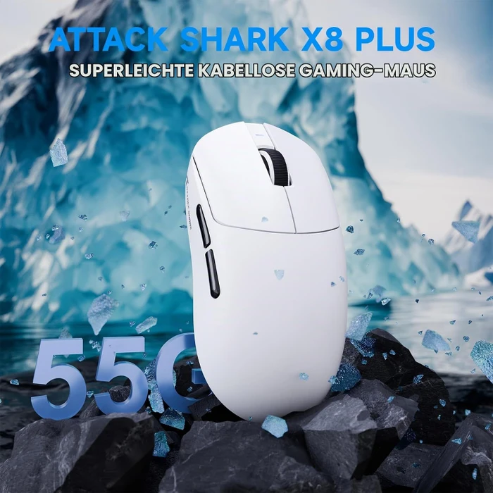 Attack Shark X8 Plus Tri-mode Wireless Gaming Mouse, weiß, inkl. C06 Ultra LED Kabel, USB/Bluetooth