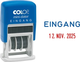COLOP Mini-Dater S160/L1 Datumstempel mit Textplatte EINGANG, 25x12mm, Monat in Buchstaben, blau