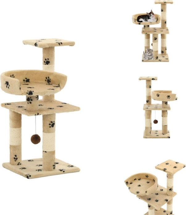 vidaXL Katzen-Kratzbaum mit Sisal-Kratzsäulen, 65cm mit Pfoten-Aufdruck, beige
