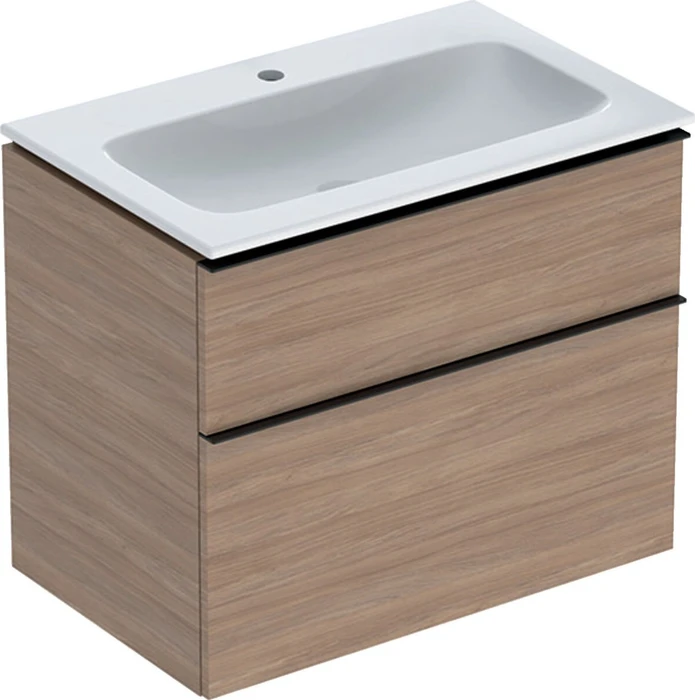 Geberit iCon Set Möbelwaschtisch/Unterschrank 75cm weiß, Korpus: Eiche/Melamin Holzstruktur, Griff: lava/pulverbeschichtet matt