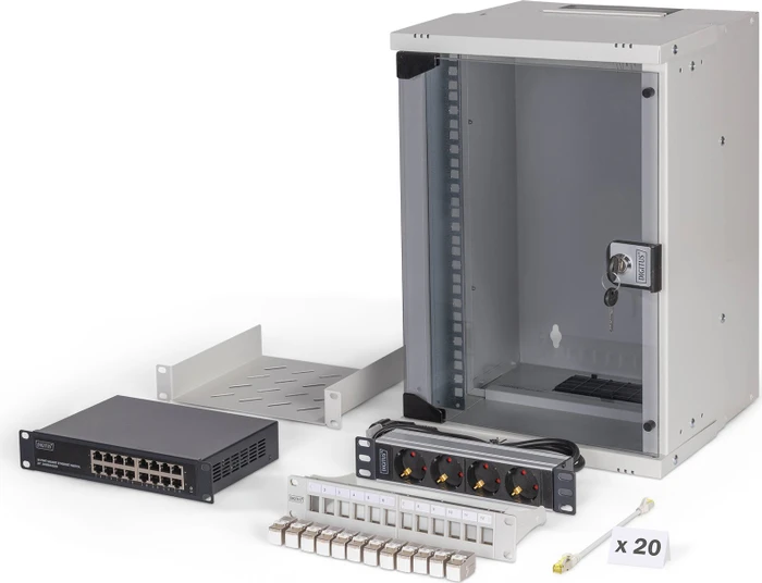 Digitus Professional SoHo Pro Line 10" Wandgehäuse SET 9HE, unmontiert, Sicherheitsglastür, IP20, RAL 7035, 300mm tief