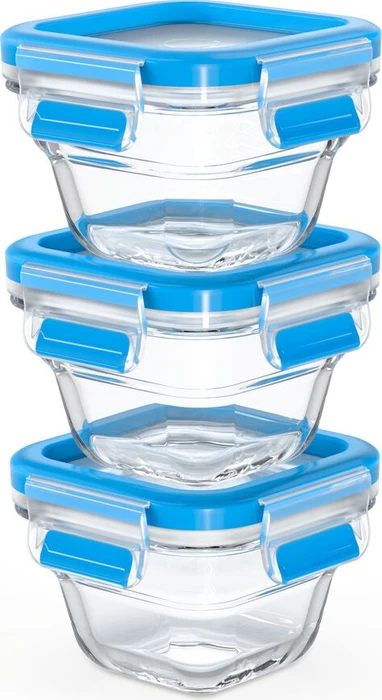 Emsa Clip&Close Glas quadratisch Aufbewahrungsbehälter blau, 3 Stück