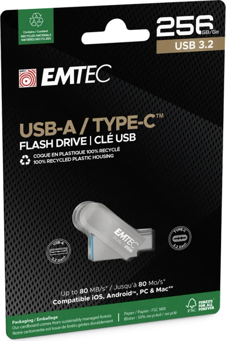 Emtec D280 256GB, USB-A + USB-C, USB 3.2 Gen 1×1