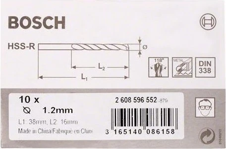 Bosch Professional HSS-R Spiralbohrer, 1.2x16x38mm, 10 Stück