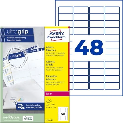 Avery-Zweckform Adressetiketten, 45.7x21.2mm, weiß, 25 Blatt (1200 Etiketten)