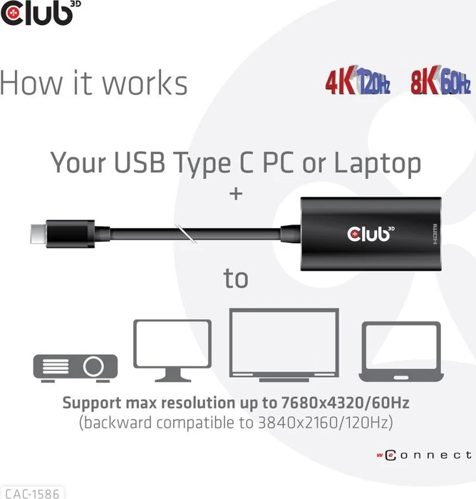 Club 3D USB Gen2 Type C to HDMI 4K120Hz HDR10 with DSC 1.2 Active Adapter M/F