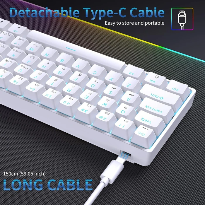 Dierya DK61SE, 60%, weiß, LEDs blau, BROWN Switches, USB, US