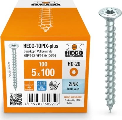 HECO TOPIX-plus verzinkt blau A3K Torx T20 Holzschraube, 5x100mm, 100 Stück