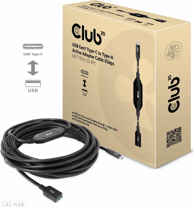 Club 3D USB-C 3.0 Kabel, aktiv, 5Gb/s, USB-C 3.0 Stecker auf USB-A 3.0 Buchse, 10m