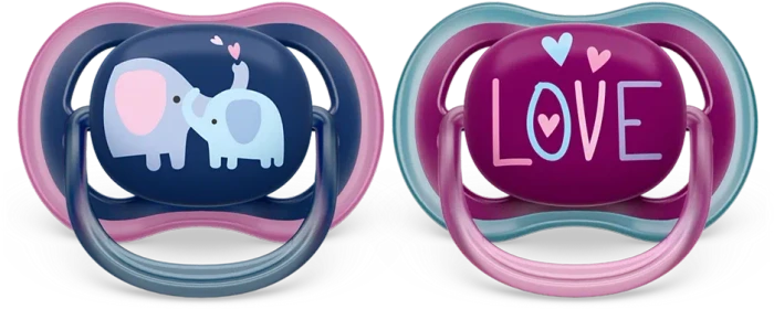 Philips Avent SCF349/22 Ultra Air Beruhigungsschnuller, 18+M, Silikon, love elephant violett/blau, 2 Stück