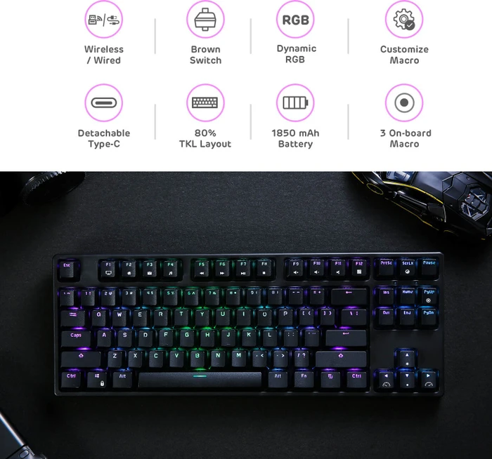 RK Royal Kludge RK87 Wireless TKL, LEDs RGB, schwarz, RK BROWN, USB, US