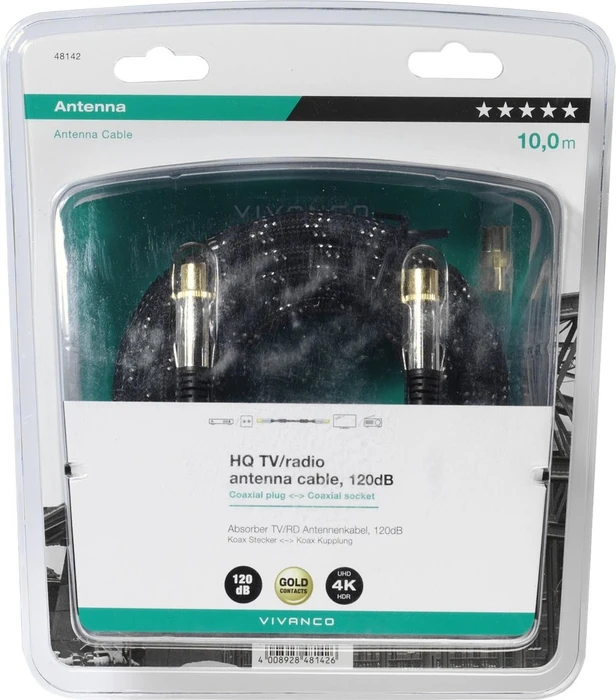 Vivanco Antennen-Kabel mit Nylonummantelung, Koax-Stecker - Koax-Kupplung, 120dB, 10m, schwarz