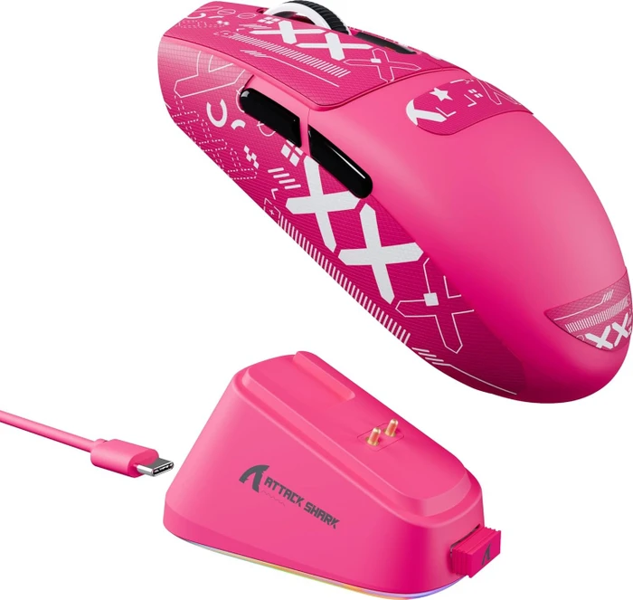 Attack Shark G3Pro Tri-mode Wireless Gaming Mouse mit Ladestation, Berry Red, inkl. Grip Tape, USB/Bluetooth