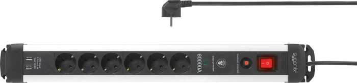 Sygonix Steckdosenleiste mit Schalter und Überspannungsschutz, 6-fach, mit 2x USB, 3m, schwarz/silber