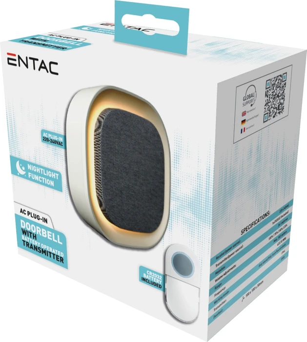 Entac Türklingel AC Plug-in mit batteriebtriebenem Transmitter, Nachtlichtfunktion, Gong