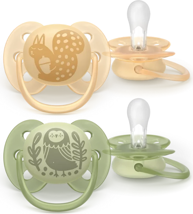 Philips Avent SCF091/46 ultra soft Beruhigungsschnuller, 6-18M, Silikon, eichhörnchen/eule, 2 Stück