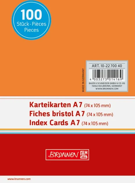 Brunnen Karteikarten, A7, glatt, orange, 100 Blatt