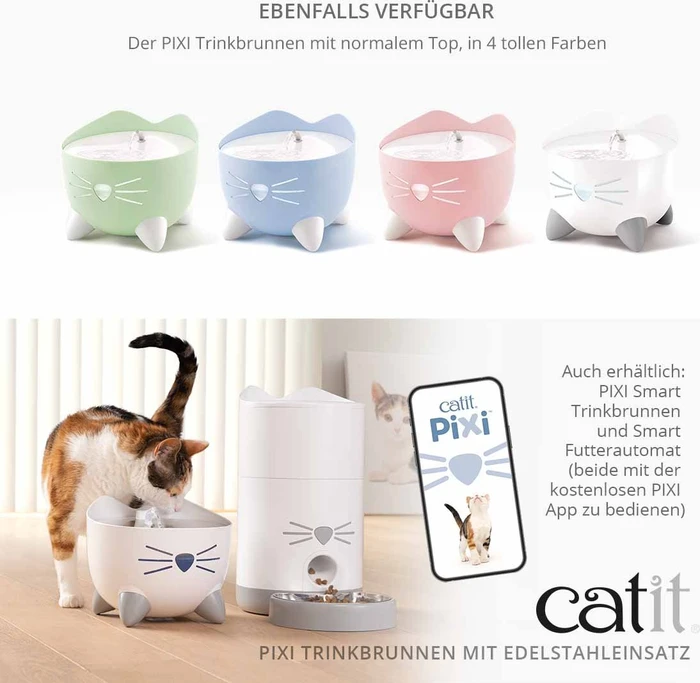 Catit PIXI Trinkbrunnen, LED-Statusanzeige, Trockenlaufschutz, Edelstahleinsatz, 2.5l, weiß