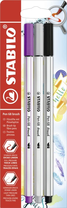 STABILO Pen 68 brush lila/mittelgrau/schwarz, 3er-Pack