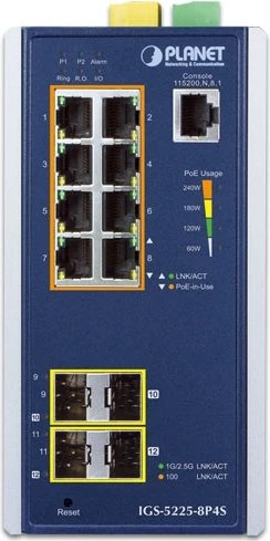 Planet IGS-5225 Industrial Railmount Gigabit Managed Switch, 8x RJ-45, 4x SFP, 240W PoE+